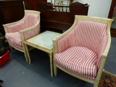 A PAIR OF FRENCH DIRECTOIRE STYLE TUB FORM ARMCHAIRS WITH FEATHER FILLED LOOSE CUSHIONS.