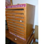 A VINTAGE MULTI DRAWER SEWING THREAD ADVERTISING SHOP DISPLAY CABINET WITH NINE DRAWERS. W.46 x H.