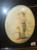 18th/19th.C. ENGLISH SCHOOL. A PAIR OF OVAL SCENES OF A MOTHER AND HER CHILDREN, WATERCOLOURS. 23