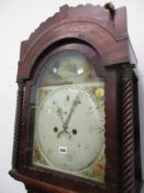 AN EARLY 19th.C.MAHOGANY LONGCASE CLOCK WITH 8-DAY MOVEMENT, 13" PAINTED ARCH DIAL WITH DATE