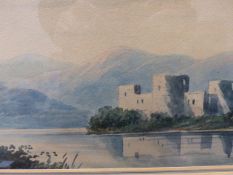 19th.C.ENGLISH SCHOOL. A LAKE SCENE WITH A CASTLE, WATERCOLOUR. 17.5 x 46.5cms TOGETHER WITH TWO