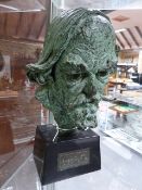 BARNEY SEALE. A BRONZE HEAD OF AUGUSTUS JOHN MOUNTED ON A BLACK STONE PLINTH INSET WITH A TABLET