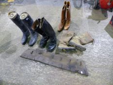 THREE PAIRS OF VINTAGE RIDING BOOTS TOGETHER WITH AN ANTIQUE ELM AND IRON HOOK BOARD FOR WHIPS.