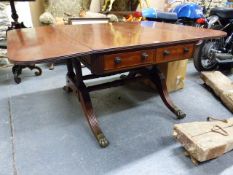 A 19th.C.LARGE MAHOGANY SOFA TABLE OF CAMPAIGN TYPE WITH BOLT DOWN SABRE LEG ENDS AND THREADED