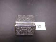 AN EARLY 19th.C.CHINESE SILVER SNUFF BOX, HIGH RELIEF ON ALL SIDES, COPY OF GEORGIAN HALLMARKS