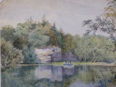 ENGLISH 19th/20th.C. SCHOOL. A LAKE SCENE, SIGNED INDISTINCTLY, WATERCOLOUR IN SHAPED MOUNT. 33 x