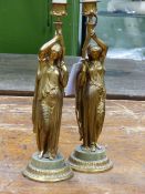 A PAIR OF FRENCH 19th.C.ORMOLU AND MARBLE CLASSICAL MAIDENS MOUNTED AS LAMPS. OVERALL H.42cms.