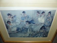 AFTER RUSSELL FLINT. (1880-1969) FOUR COLOUR PRINTS OF MODELS IN VARIOUS POSES, PENCIL SIGNED.