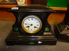 TWO VICTORIAN BLACK SLATE AND INLAID MANTLE CLOCKS.