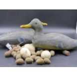 TWO HAND PAINTED WOODEN DUCK DECOYS EACH WITH IRON COUNTERWEIGHT AND A SMALL COLLECTION OF POTTERY