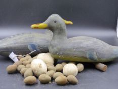 TWO HAND PAINTED WOODEN DUCK DECOYS EACH WITH IRON COUNTERWEIGHT AND A SMALL COLLECTION OF POTTERY