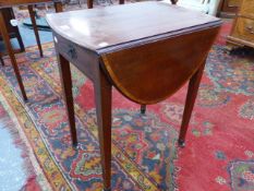 A SMALL 19th.C.MAHOGANY AND SATINWOOD BANDED PEMBROKE TABLE ON SQUARE TAPERED LEGS. TOP 88 x 59cms