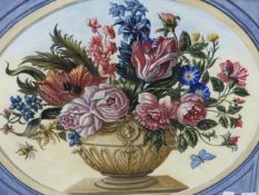 HUGH ROBSON 20th.C.SCHOOL. TWO FLORAL STILL LIFE WATERCOLOURS IN THE 18th.C.STYLE IN PAINTED AND