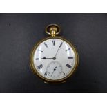 AN 18K STAMPED YELLOW GOLD OPEN FACE POCKET WATCH, CASE NUMBER 164228 WITH MONOGRAM ENGRAVING TO THE