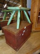 A RUSTIC GREEN PAINTED FOUR LEG STOOL TOGETHER WITH A SMALL PINE LIFT TOP BOX. (2)