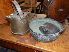 A 19th.C.COPPER TWO HANDLED PAN, A LARGE WATER KETTLE AND AN OVAL JELLY MOULD. (3)