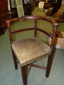 A 19th.C.MAHOGANY TALL ARMCHAIR / CLERK'S BACK STOOL OF BOW FORM BACK OVER LEATHER SEAT ON LONG