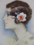 EARLY 20th.C.SCHOOL. PROFILE PORTRAIT OF A YOUNG LADY, SIGNED INDISTINCTLY, WATERCOLOUR. 39 x