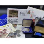 A COLLECTION OF COINS, BANKNOTES, POSTCARDS, FIRST DAY COVERS ETC TO INCLUDE A SILVER NURSING MEDAL.