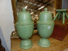 TWO LARGE PAINTED PINE FINIALS OF COVERED URN FORM. H.50cms.