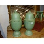 TWO LARGE PAINTED PINE FINIALS OF COVERED URN FORM. H.50cms.