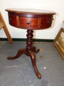 A 19th.C.COLONIAL HARDWOOD SMALL DRUM TOP TABLE FITTED WITH TWO DRAWERS AND FOUR DUMMY FRONTS