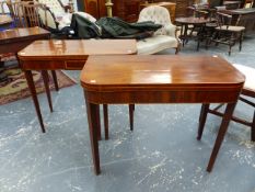 A REGENCY MAHOGANY AND BOXWOOD INLAID D FORM FOLD OVER TEA TABLE ON SQUARE TAPERED LEGS TOGETHER
