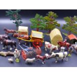 AN EXTENSIVE COLLECTION OF BRITAINS DIECAST FARM ANIMALS AND EQUIPMENT, MILITARY FIGURES, ETC. (
