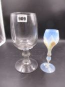 A VENETIAN STYLE IRIDESCENT GLASS WITH FIVE LEAVES APPLIED TO THE TULIP BOWL 17.5cms TOGETHER WITH A