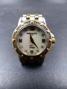 A LADIES RAYMOND WEIL DIAMOND SET TANGO WATCH WITH A MOTHER OF PEARL AND DIAMOND SET DIAL AND A BI