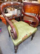 A WM.IV. MAHOGANY ARMCHAIR WITH CARVED RAIL BACK AND TURNED FORELEGS IN THE MANNER OF GILLOWS.