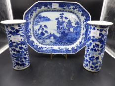 A CHINESE EXPORT BLUE AND WHITE OCTAGONAL MEAT PLATE. W. 33cms. TOGETHER WITH A PAIR OF DRAGON