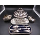 A PAIR OF SILVER PLATED QUAIL FORM DISHES TOGETHER WITH A ENTREE DISH WITH COVER, A PAIR OF