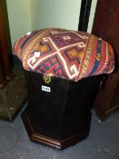 A 19th.C.BOX STOOL WITH KELIM UPHOLSTERED PAD.