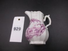 AN EARLY ENGLISH PORCELAIN CREAM JUG, POSSIBLY WORCESTER, PAINTED IN MAUVE WITH TWO CHINESE