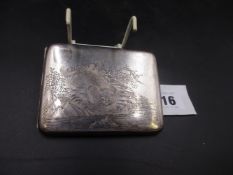 A CHINESE SILVER CIGARETTE CASE ENGRAVED WITH A CAT FISHING FOR CARP, MARKED WING ON Co.