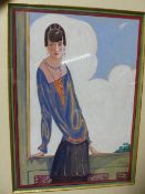 EARLY 20th.C. ENGLISH SCHOOL. PORTRAIT OF A 1920'S SOCIETY LADY ON A BALCONY, INITIALLED EB AND