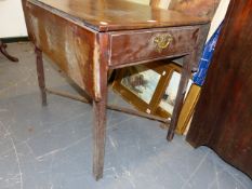 A 19th.C.COLONIAL HARDWOOD DROP LEAF SUPPER TABLE WITH END DRAWER ON CHAMFERED SQUARE TAPERED LEGS