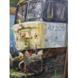 JOHN LINES. (1938-....) ARR. TRAVELLING DAYS DONE, SIGNED OIL ON BOARD. 46 x 26cms.