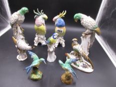 TWO PAIRS AND FIVE OTHER CONTINENTAL PORCELAIN MODELS OF BIRDS, H.19cms. THREE OF THE SMALLER