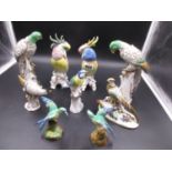 TWO PAIRS AND FIVE OTHER CONTINENTAL PORCELAIN MODELS OF BIRDS, H.19cms. THREE OF THE SMALLER