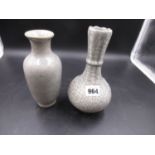 TWO CHINESE GUAN TYPE GREY CRACKLEWARE VASES, ONE OF BOTTLE SHAPE WITH FLUTING BELOW THE SERRATED