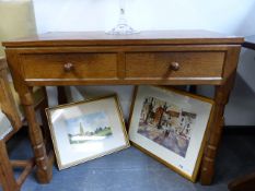 ROBERT THOMPSON. MOUSEMAN. A HAND MADE ENGLISH OAK HALL TABLE WITH TWO DRAWERS ON OCTAGONAL