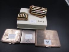 TWO SILVER CIGARETTE CASES, A SILVER COMPACT AND A RONSON POCKET LIGHTER SET. DATED 1929, 1935 AND
