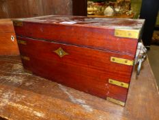 AN EARLY 19th.C.BRASS BOUND CAMPAIGN STYLE MAHOGANY TEA CADDY WITH FITTED INTERIOR AND LION MASK