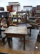 AN ANTIQUE COUNTRY MADE OAK CHILD'S CHAIR TOGETHER WITH A SMALL ELM PLANK STOOL. (2)