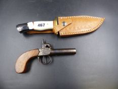 A GOOD QUALITY MODERN DAMASK BLADE SHEATH KNIFE TOGETHER WITH A 19th.C.PERCUSSION POCKET PISTOL WITH