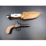 A GOOD QUALITY MODERN DAMASK BLADE SHEATH KNIFE TOGETHER WITH A 19th.C.PERCUSSION POCKET PISTOL WITH