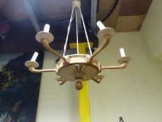 A PAIR OF REGENCY STYLE GILTWOOD SIX LIGHT CHANDELIERS WITH ROPE HANGINGS. (2)