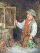 19th.C.ENGLISH SCHOOL. FEEDING THE RABBIT, OIL ON CANVAS. 31 x 26cms.